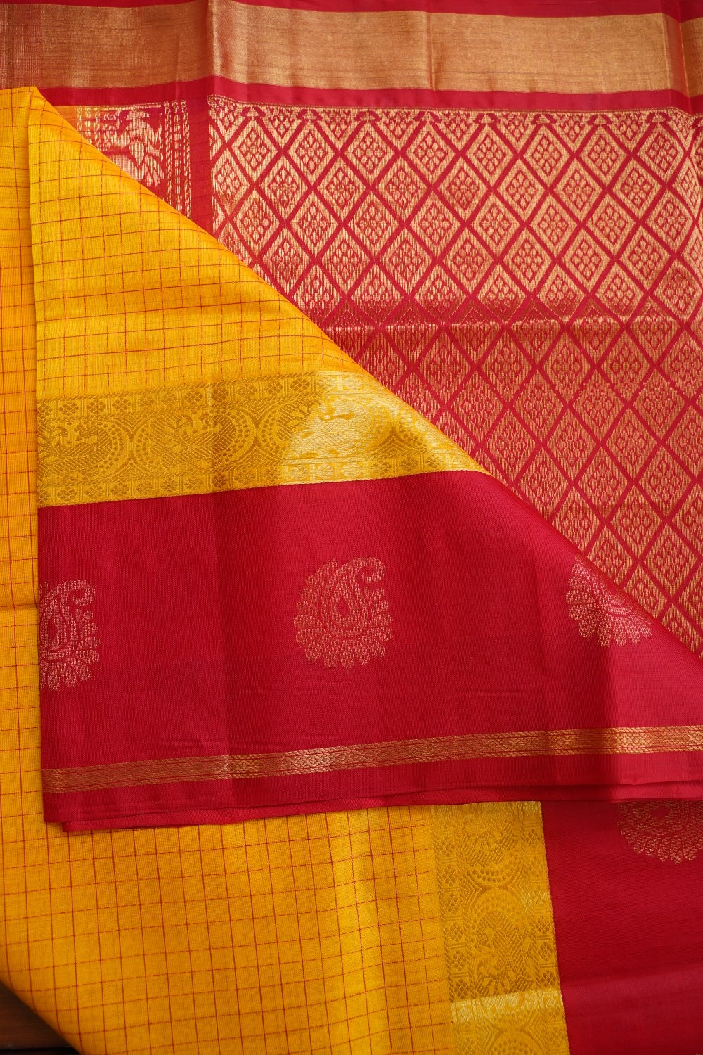 Yellow Kanchi Checks  Silk Cotton  Saree With Zari Border  PC11087