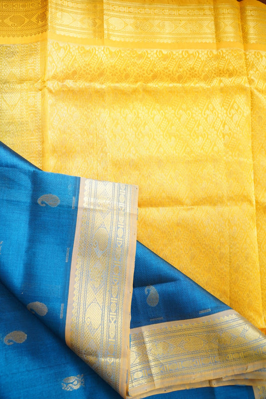 Peacock Blue  Kanchi Silk Cotton  Saree With Zari Border  PC11040