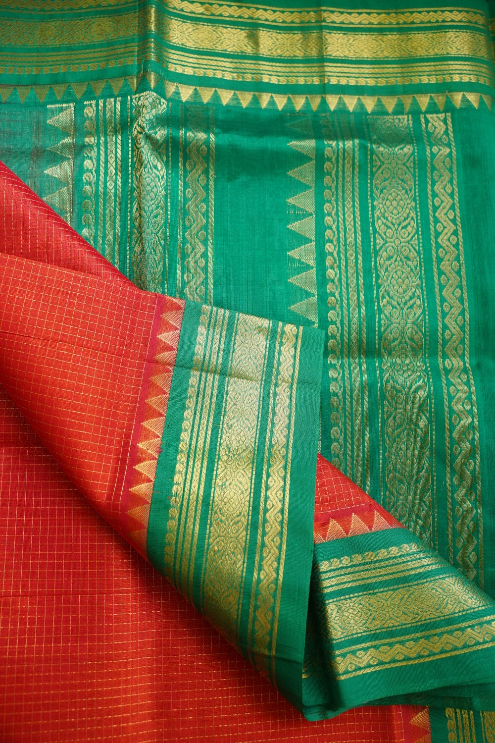 Orange Red Kanchi  Checks Silk Cotton  Saree With Zari Border  PC11014