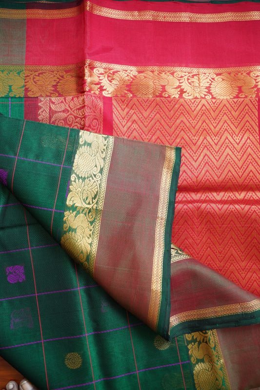 Bottle Green   Kanchi Checks Silk Cotton  Saree With Zari Border  PC11027