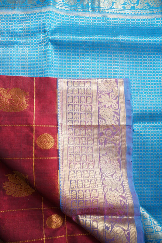 Maroon  Kanchi  Checks Silk Cotton  Saree With Zari Border  PC11022