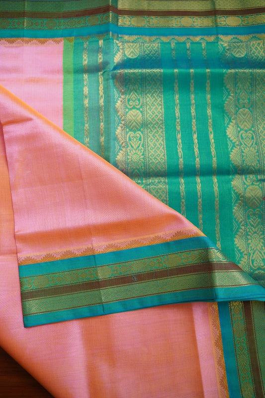 Peachish Pink Kanchi  Silk Cotton Saree With Zari Border PC11262