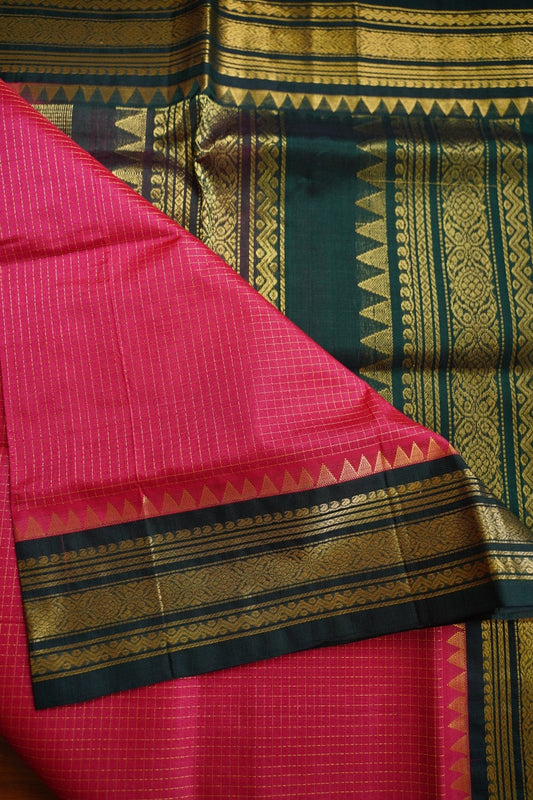 Kum Kum Red  Kanchi  Checks Silk Cotton Saree With Zari Border PC11266