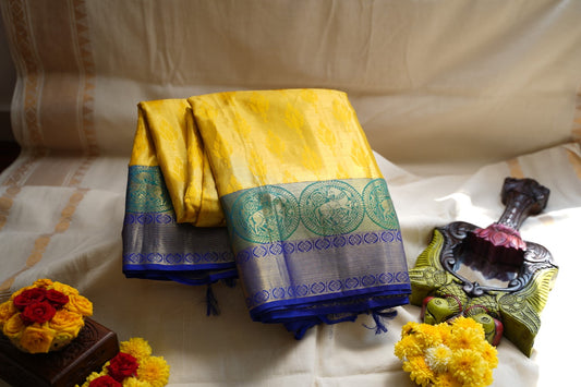Bright Yellow Jacquard Silk Saree with Violet Zari Pallu Pc12799