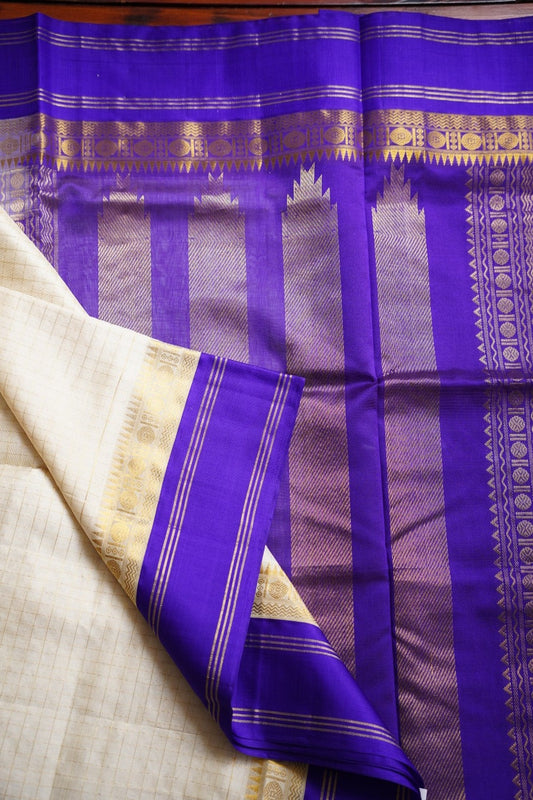 Half white Kanchi  Checks Silk Cotton Saree With Zari Border PC11379