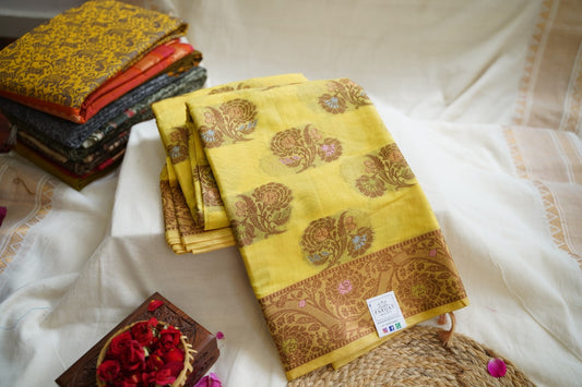 Lemom Yellow Banarasi cotton Saree PC11646