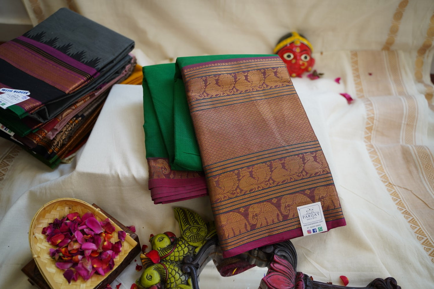Green Chettinad handloom Cotton Saree With Zari  Border  PC10960