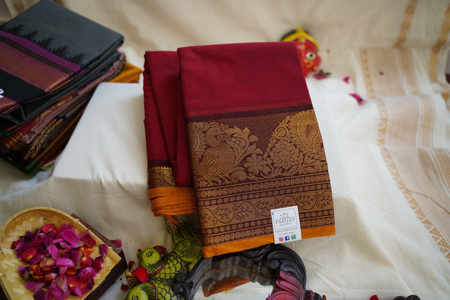 Red  Chettinad handloom Cotton Saree With Zari  Border  PC10951