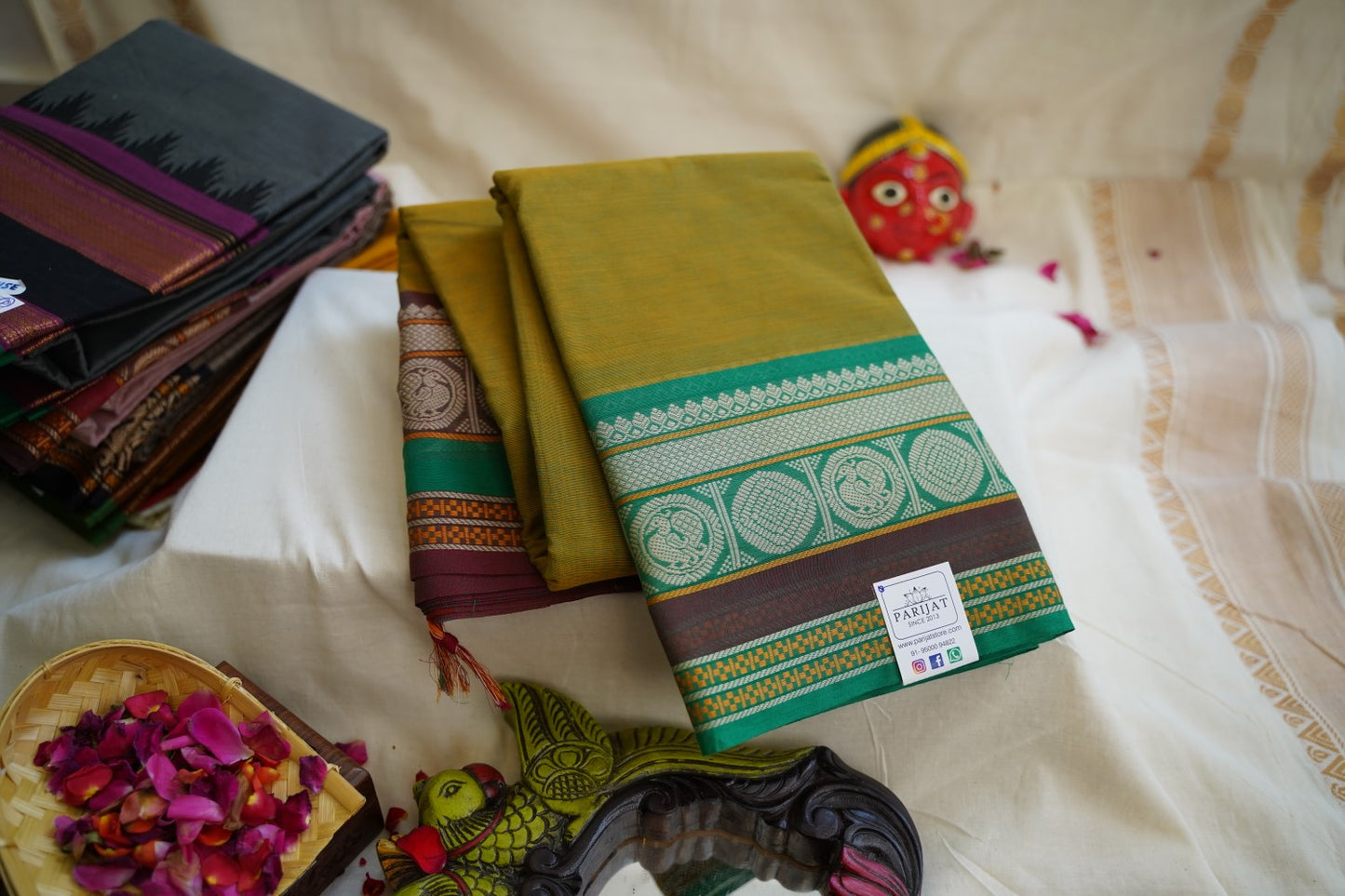 Mandhulir Green Chettinad handloom Cotton Saree With Ganga Jamuna  Border  PC10933