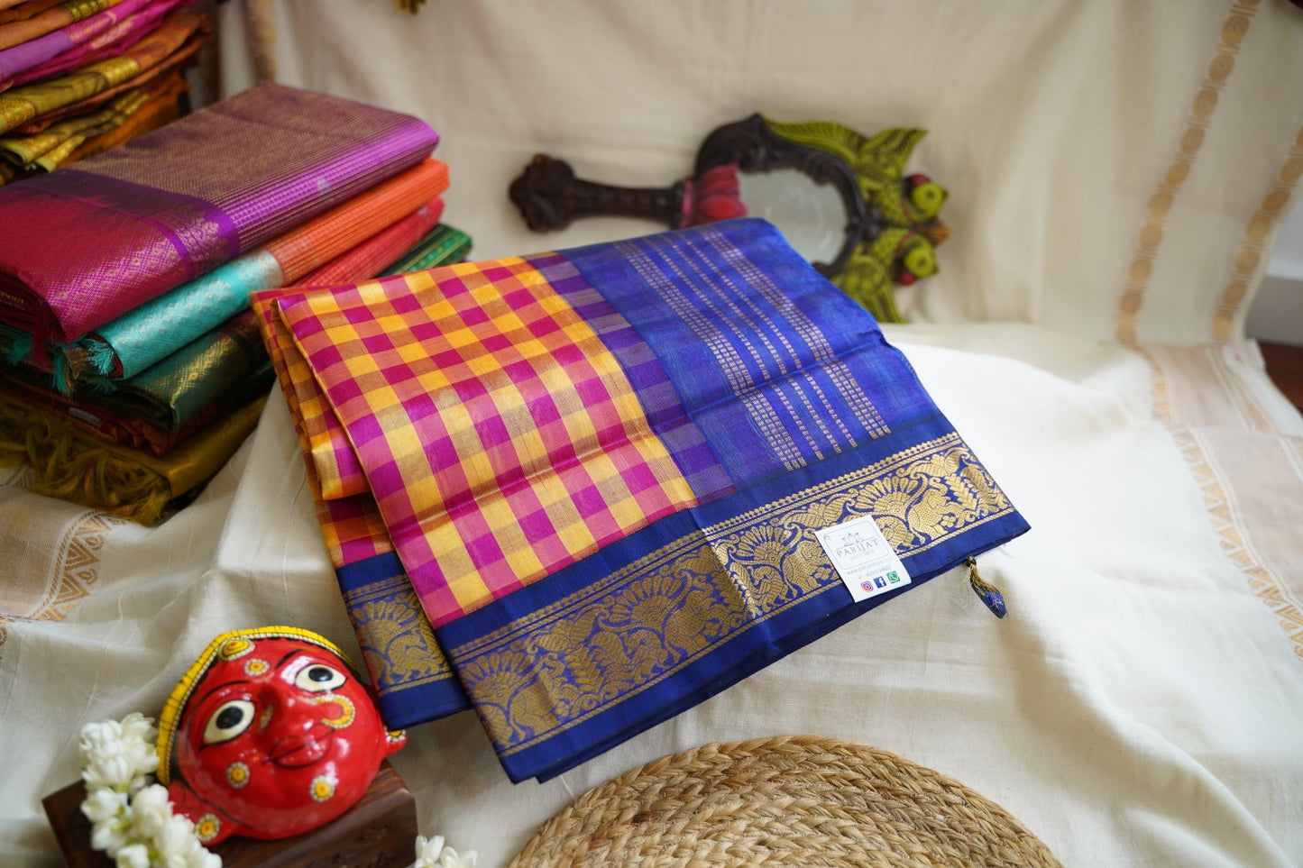 Kanchi Silk Cotton Checked Saree With Zari Border  PC10161