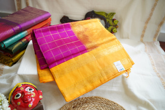 Pink Kanchi Checks Silk Cotton Saree With Zari Border  PC10781