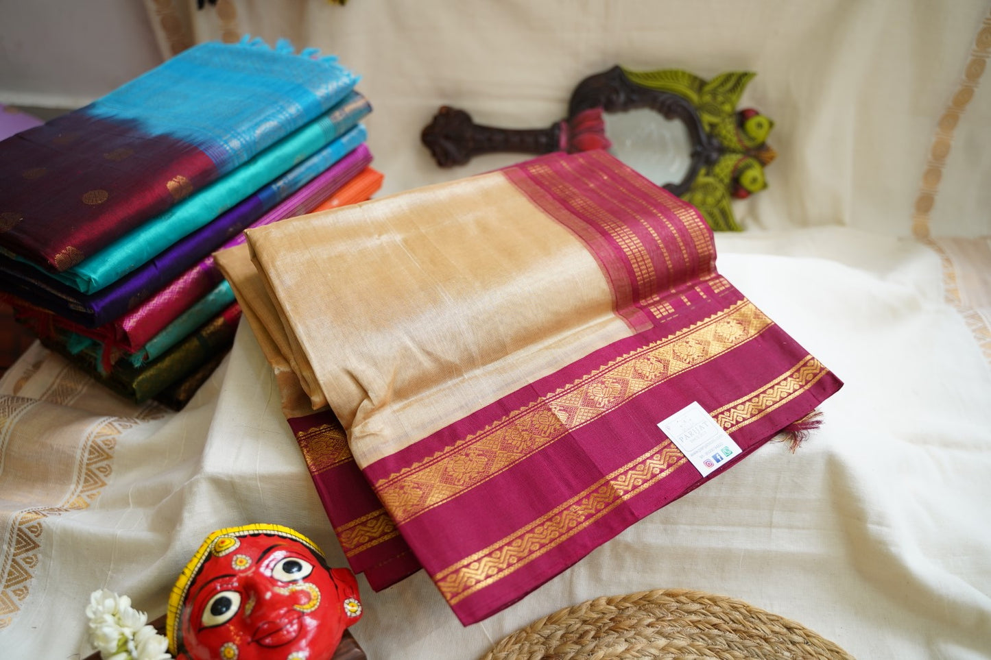 Sandal colour Kanchi Silk Cotton Saree With Zari Border PC11394