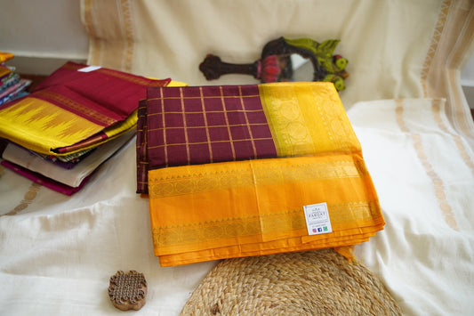 Maroon Checks Kanchi Silk Cotton Saree With Zari Border  PC10477