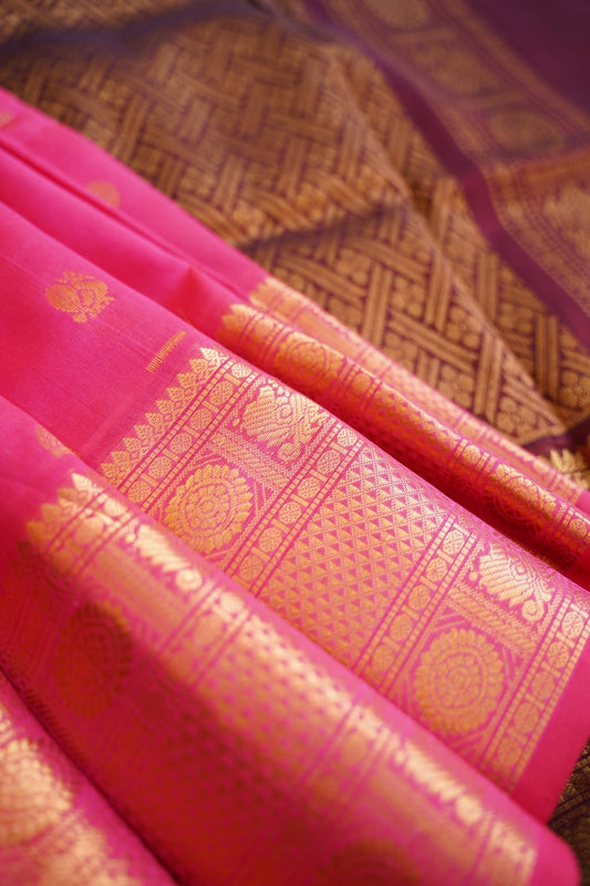 Pink  Butta  Kanchi  Silk Cotton Saree With Zari Border PC11246