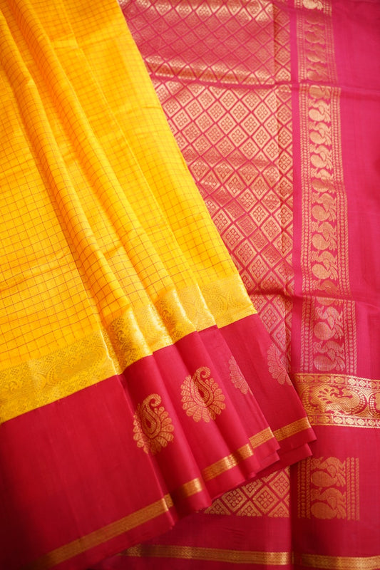 Yellow Kanchi Checks  Silk Cotton  Saree With Zari Border  PC11087