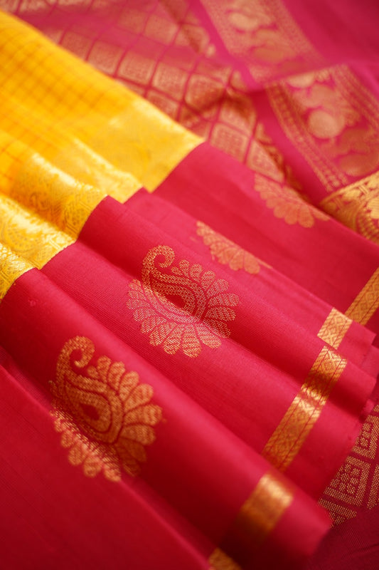 Yellow Kanchi Checks  Silk Cotton  Saree With Zari Border  PC11087