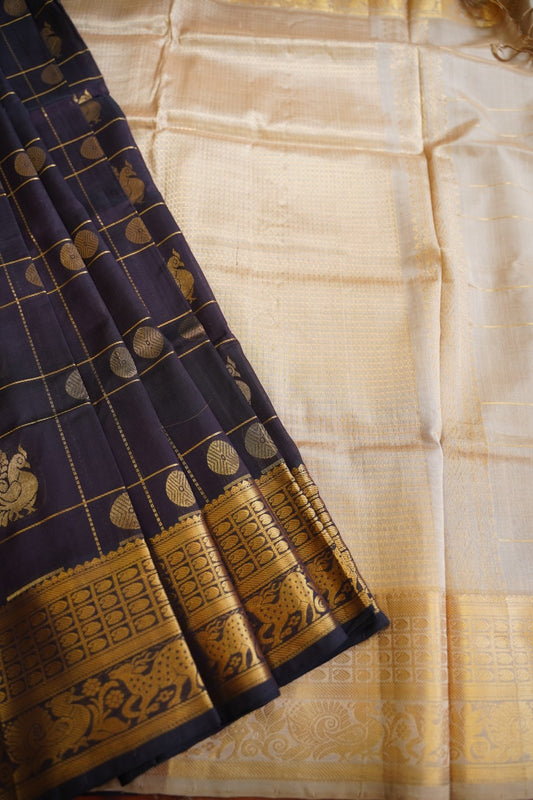 Coffee Brown  Kanchi  Checks Silk Cotton Saree With Zari Border PC11244