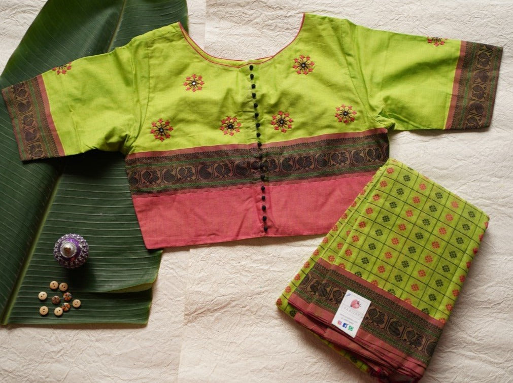 Leaf Green Handloom Kanchi Cotton Saree & Blouse Set PC12837