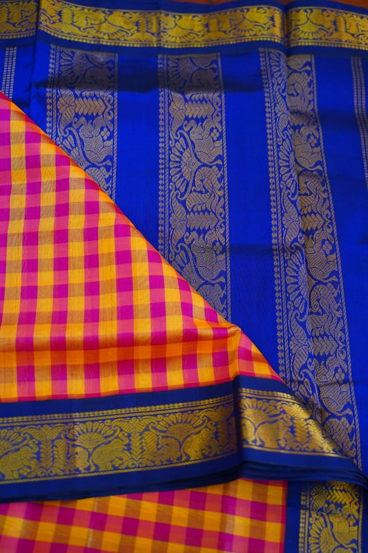 Kanchi Silk Cotton Checked Saree With Zari Border  PC10161