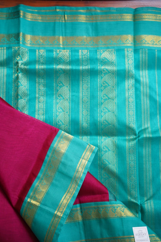 Burgundy Kanchi  Silk Cotton Saree With Zari  Border PC11702