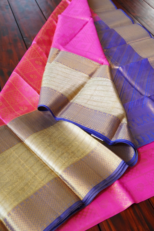 Lotus Pink Kanchi Silk Saree with Grand Rich Zari Pallu & PC890-Silk Sarees-Parijat Collections